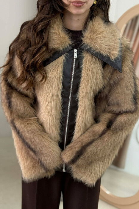 FAUX FUR ZIPPER WOMEN COAT BEIGE/BEZHE - 4