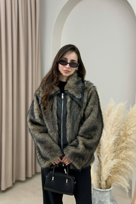 FAUX FUR ZIPPER WOMEN COAT BLACK-BROWN/ZEKA - KLAUDIO FASHION