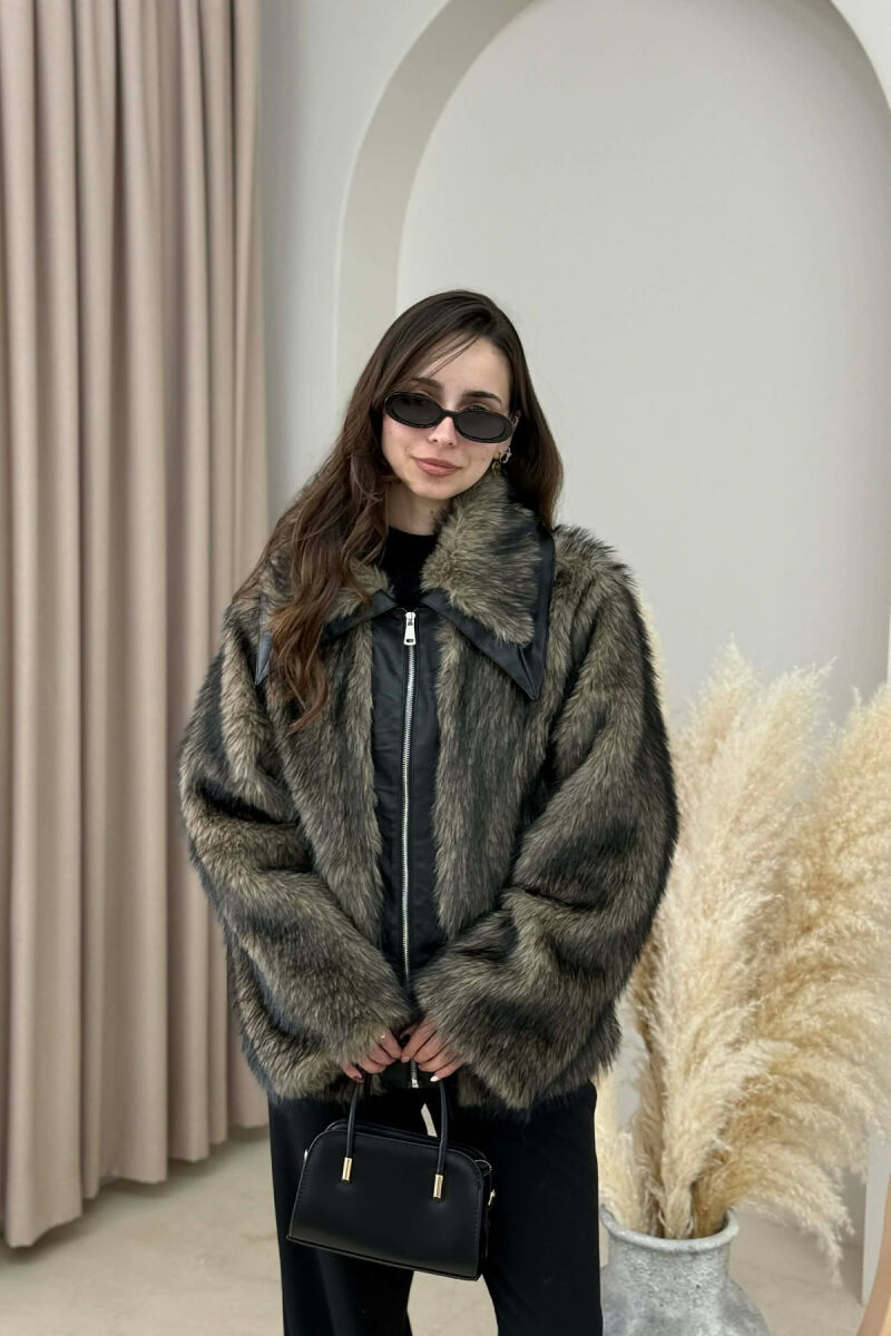 FAUX FUR ZIPPER WOMEN COAT BLACK-BROWN/ZEKA - 1