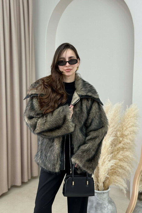 FAUX FUR ZIPPER WOMEN COAT BLACK-BROWN/ZEKA - 3