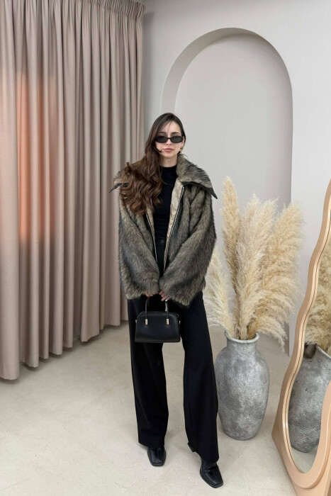 FAUX FUR ZIPPER WOMEN COAT BLACK-BROWN/ZEKA - 5