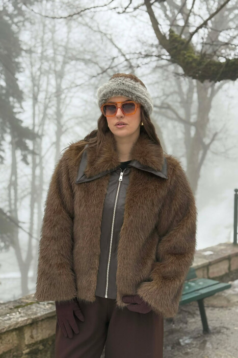 FAUX FUR ZIPPER WOMEN COAT BROWN/KAFE - 1