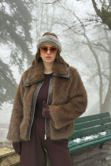 FAUX FUR ZIPPER WOMEN COAT BROWN/KAFE - 2