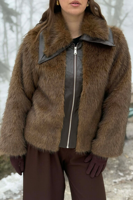 FAUX FUR ZIPPER WOMEN COAT BROWN/KAFE - 3
