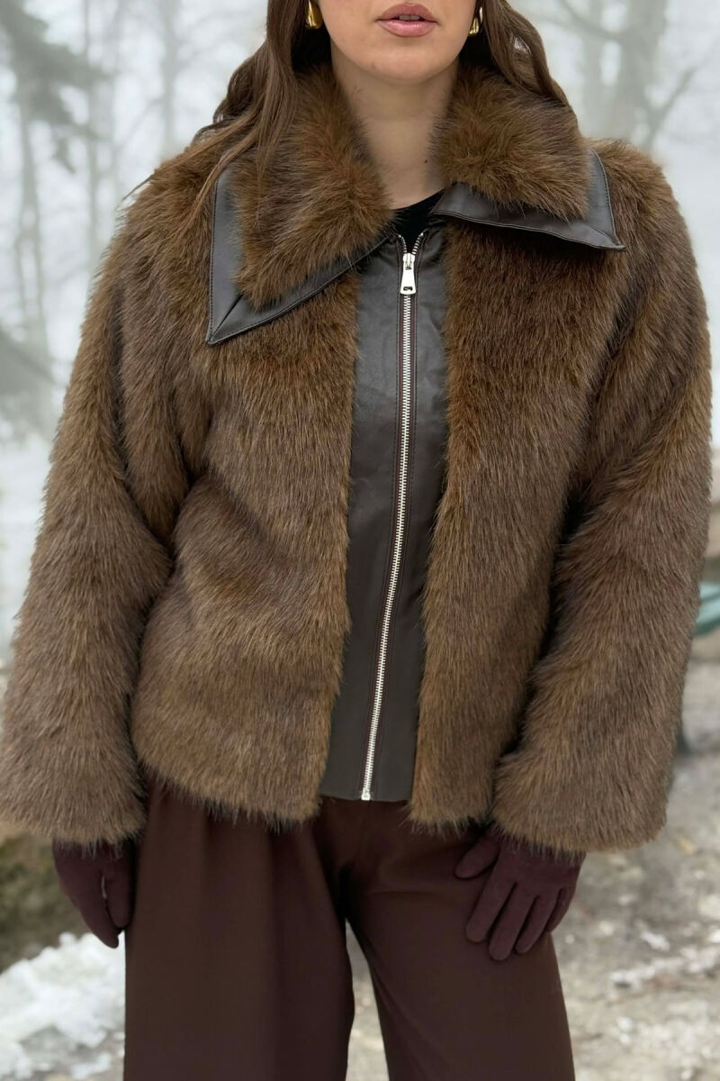 FAUX FUR ZIPPER WOMEN COAT BROWN/KAFE - 3