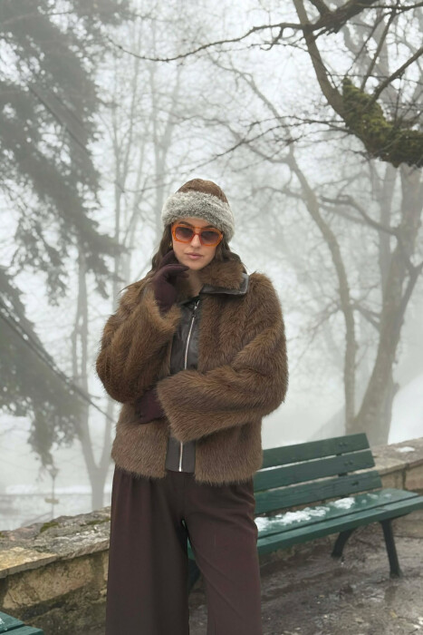 FAUX FUR ZIPPER WOMEN COAT BROWN/KAFE - 4