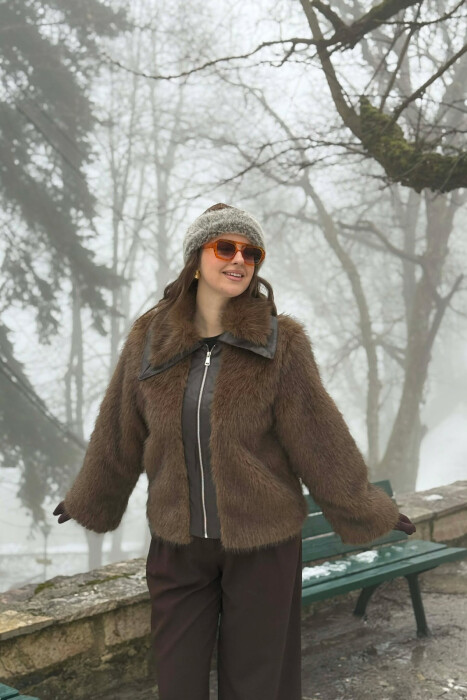 FAUX FUR ZIPPER WOMEN COAT BROWN/KAFE - 5