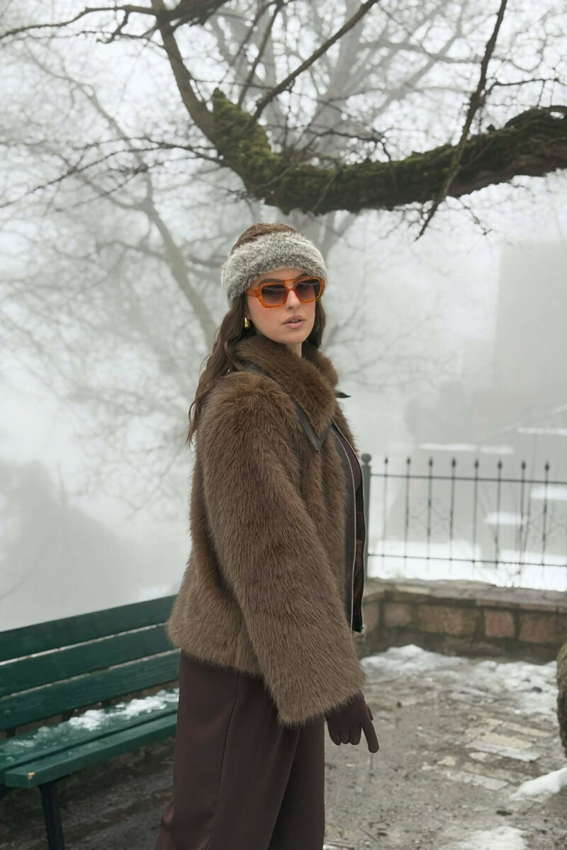 FAUX FUR ZIPPER WOMEN COAT BROWN/KAFE - 6