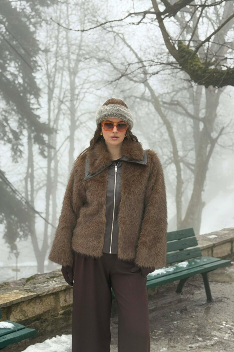 FAUX FUR ZIPPER WOMEN COAT BROWN/KAFE - 7