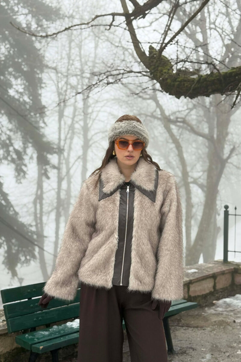 FAUX FUR ZIPPER WOMEN COAT CREAM-BROWN/KRKA - 1