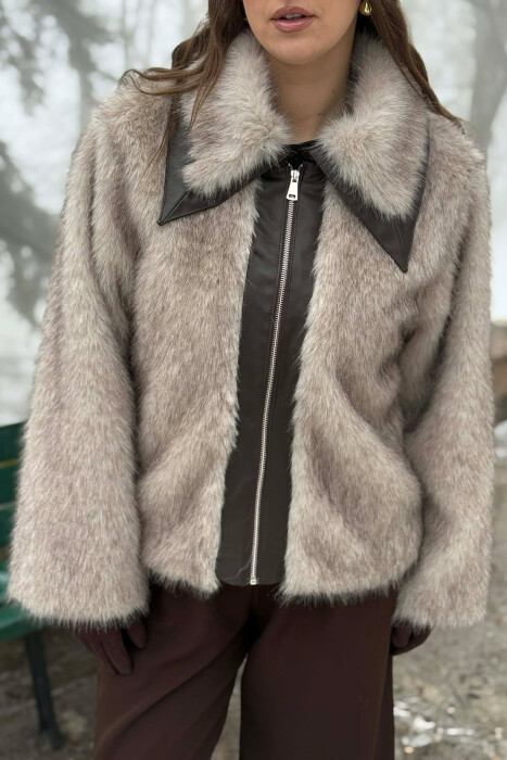 FAUX FUR ZIPPER WOMEN COAT CREAM-BROWN/KRKA - 2