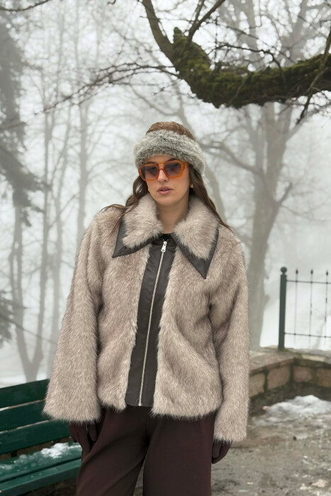 FAUX FUR ZIPPER WOMEN COAT CREAM-BROWN/KRKA - 5