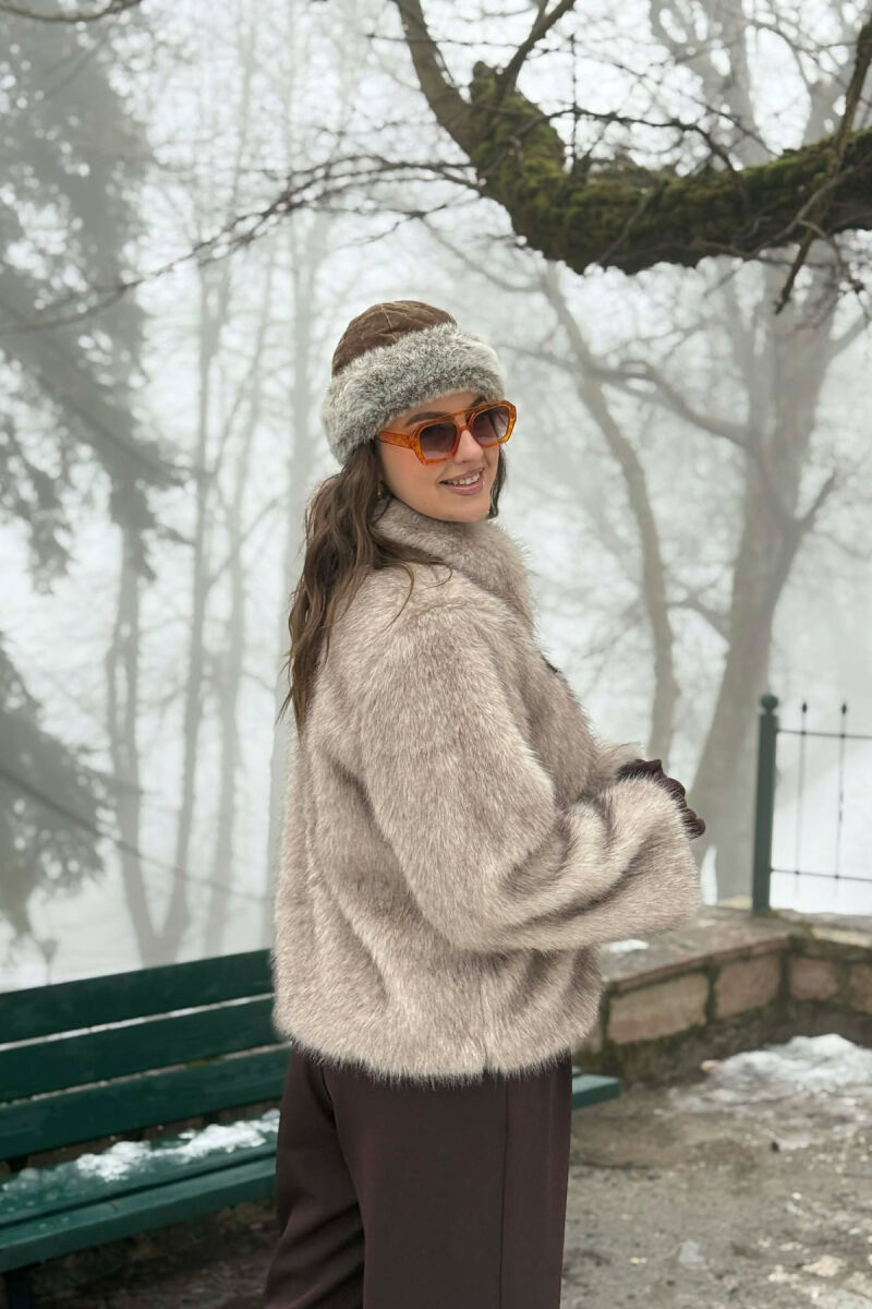 FAUX FUR ZIPPER WOMEN COAT CREAM-BROWN/KRKA - 6