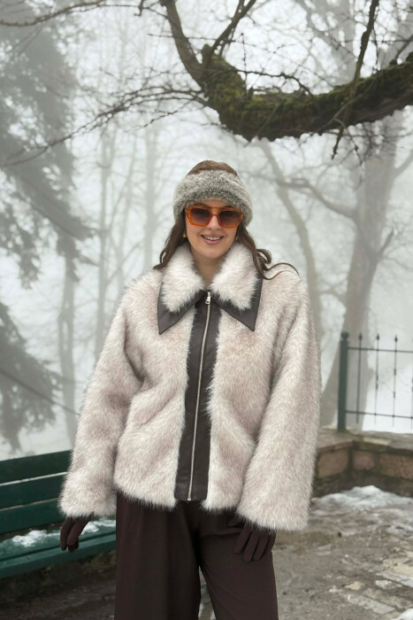 FAUX FUR ZIPPER WOMEN COAT CREAM/KREM - 1