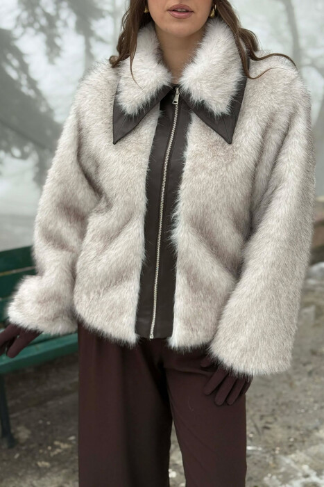 FAUX FUR ZIPPER WOMEN COAT CREAM/KREM - 2