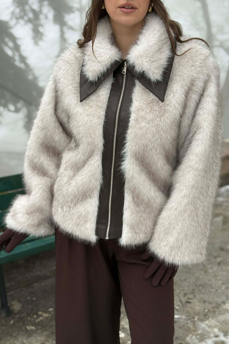 FAUX FUR ZIPPER WOMEN COAT CREAM/KREM - 2