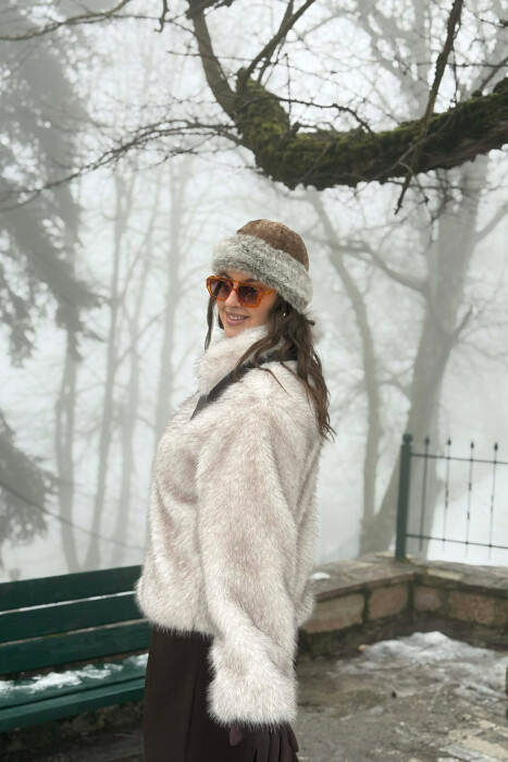 FAUX FUR ZIPPER WOMEN COAT CREAM/KREM - 4