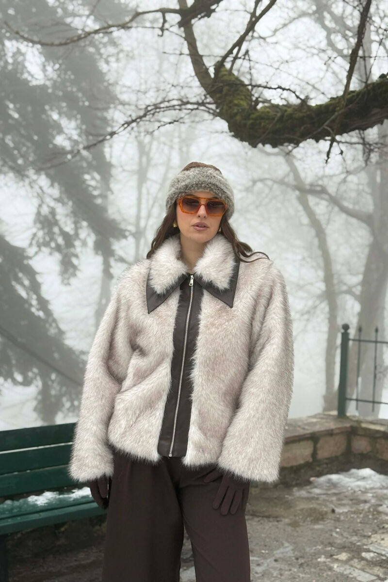 FAUX FUR ZIPPER WOMEN COAT CREAM/KREM - 5