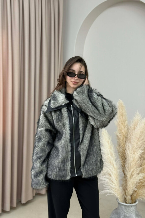 FAUX FUR ZIPPER WOMEN COAT DARK GREY/GEE - 1