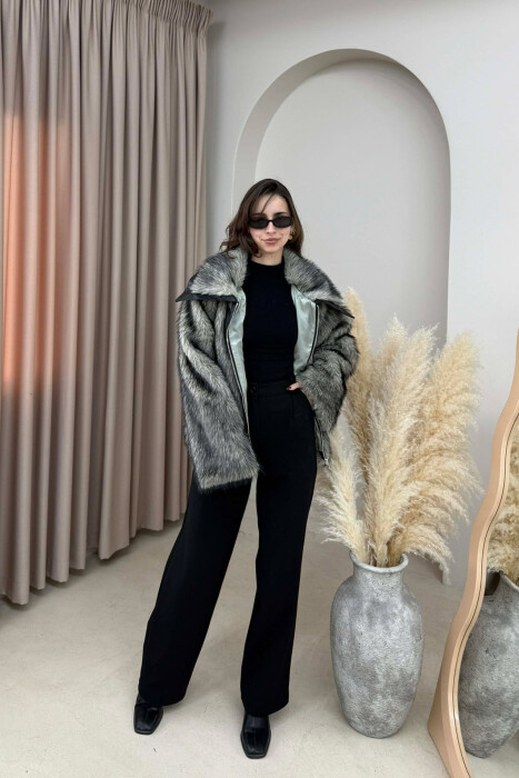 FAUX FUR ZIPPER WOMEN COAT DARK GREY/GEE - 2