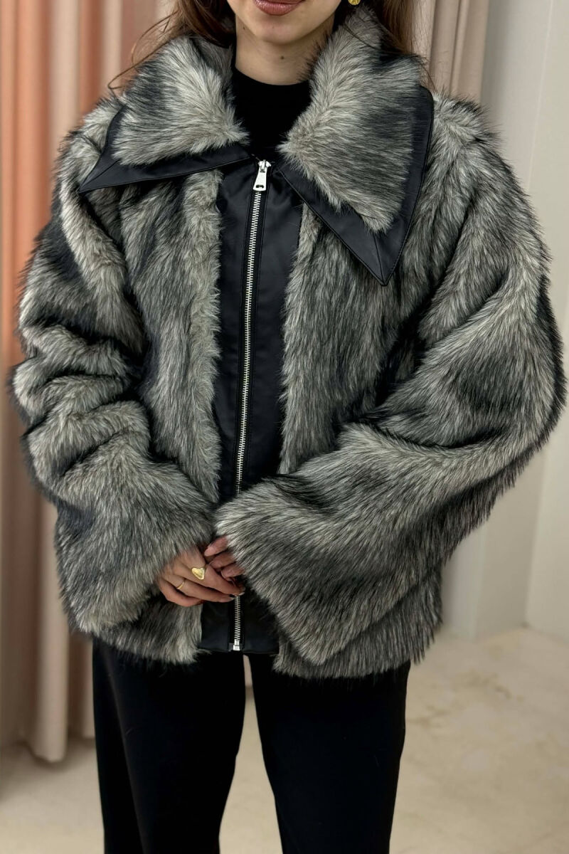 FAUX FUR ZIPPER WOMEN COAT DARK GREY/GEE - 3