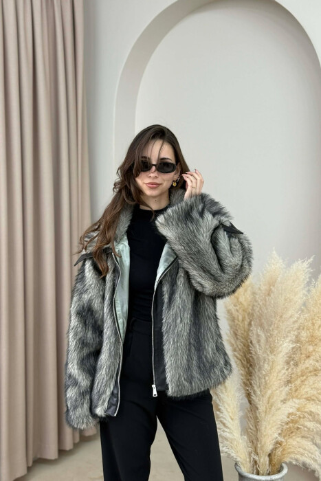 FAUX FUR ZIPPER WOMEN COAT DARK GREY/GEE - 4