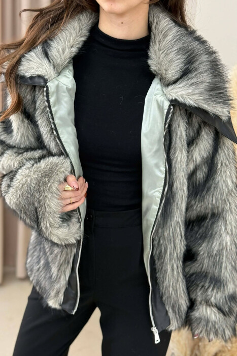 FAUX FUR ZIPPER WOMEN COAT DARK GREY/GEE - 5