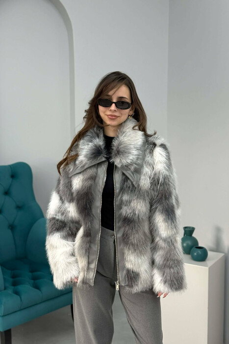 FAUX FUR ZIPPER WOMEN COAT GREY-WHITE/GRBA - KLAUDIO FASHION