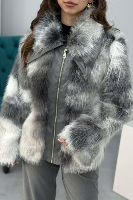 FAUX FUR ZIPPER WOMEN COAT GREY-WHITE/GRBA - 2