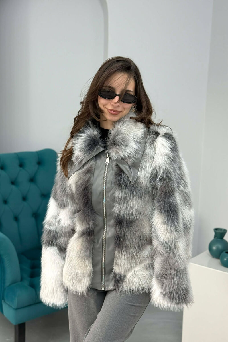 FAUX FUR ZIPPER WOMEN COAT GREY-WHITE/GRBA - 3