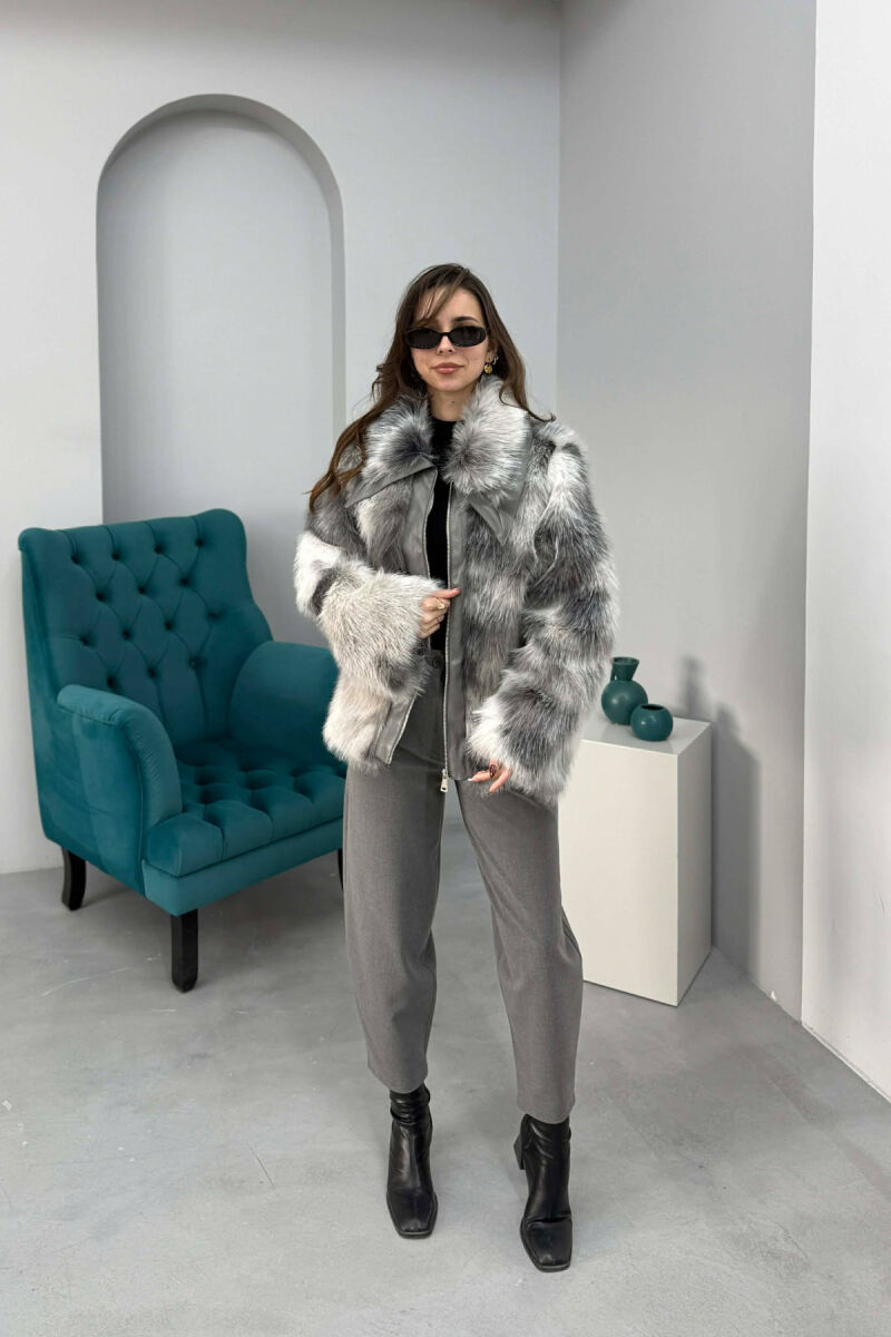 FAUX FUR ZIPPER WOMEN COAT GREY-WHITE/GRBA - 5