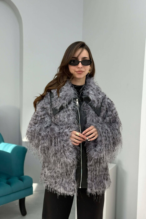 FAUX FUR ZIPPER WOMEN COAT GREY/BLACK-GRZE - 1