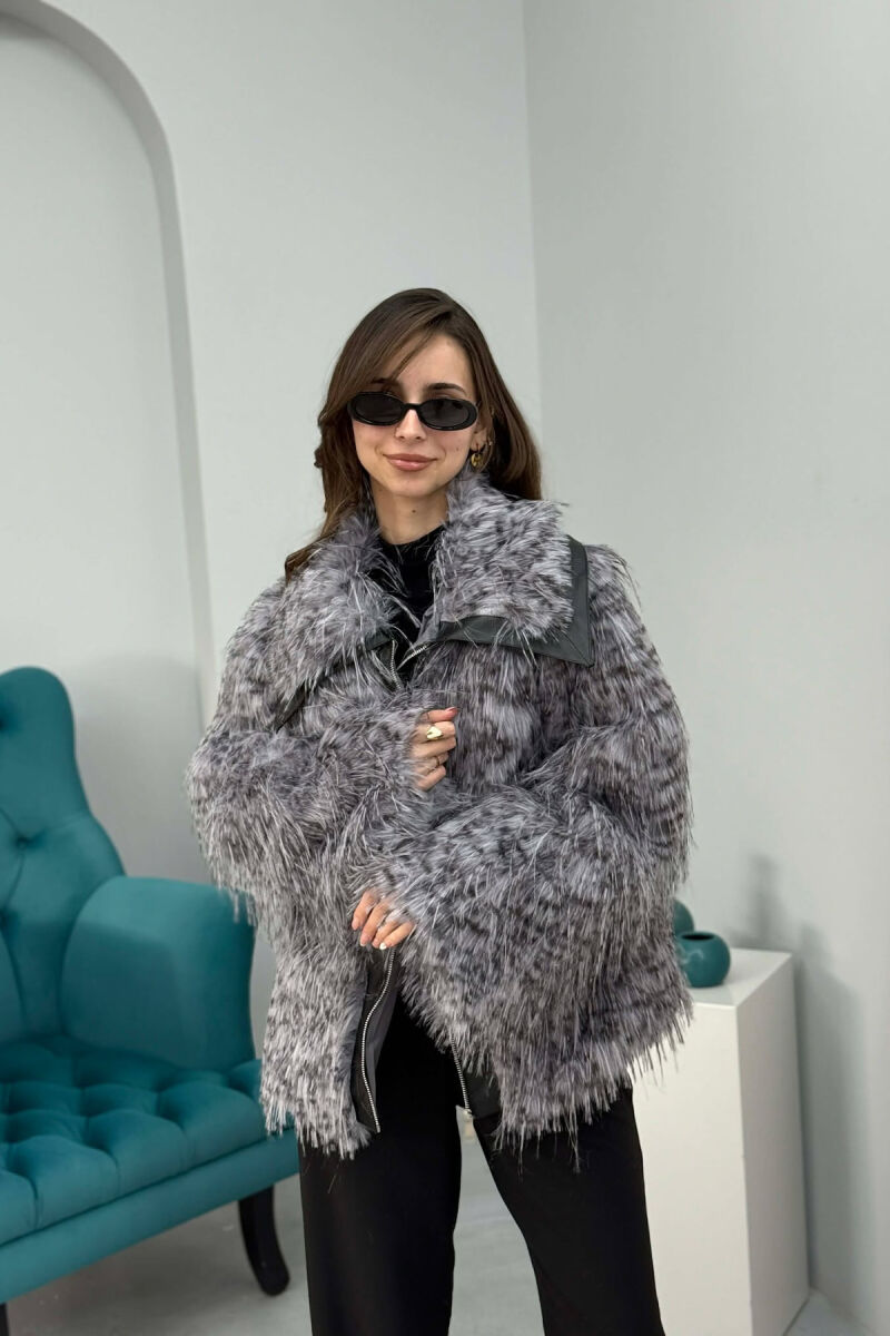 FAUX FUR ZIPPER WOMEN COAT GREY/BLACK-GRZE - 3