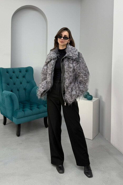 FAUX FUR ZIPPER WOMEN COAT GREY/BLACK-GRZE - 5