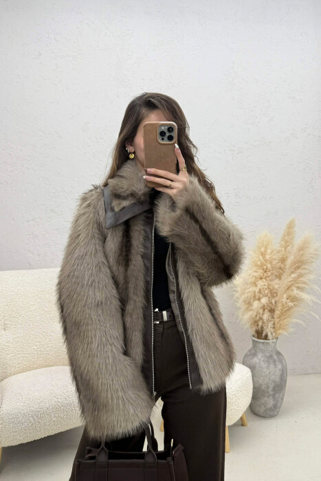 FAUX FUR ZIPPER WOMEN COAT LIGHT BROWN/KAZB 