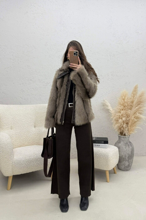 FAUX FUR ZIPPER WOMEN COAT LIGHT BROWN/KAZB - 3
