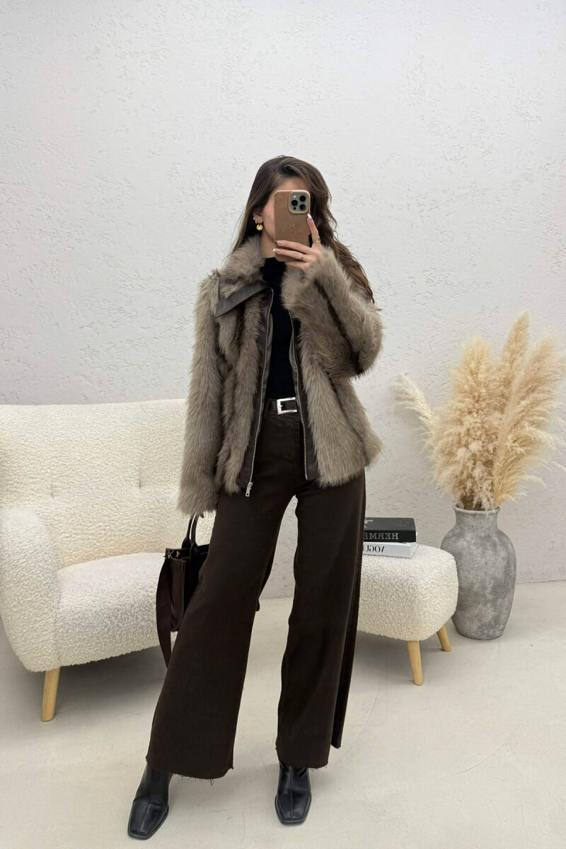 FAUX FUR ZIPPER WOMEN COAT LIGHT BROWN/KAZB - 4