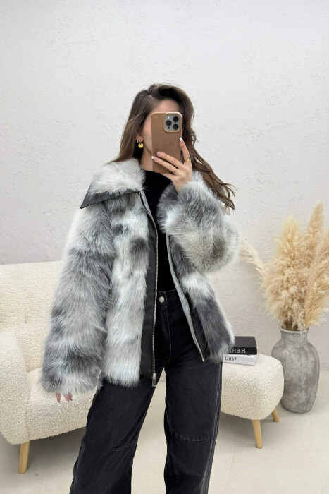FAUX FUR ZIPPER WOMEN COAT LIGHT GREY/GZ - 1