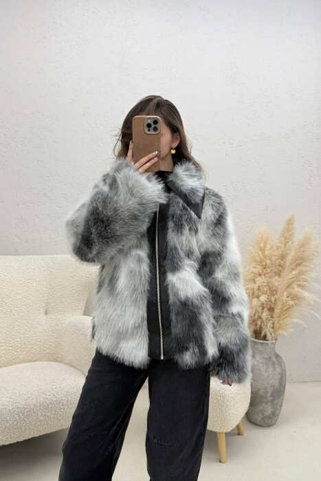 FAUX FUR ZIPPER WOMEN COAT LIGHT GREY/GZ - 2