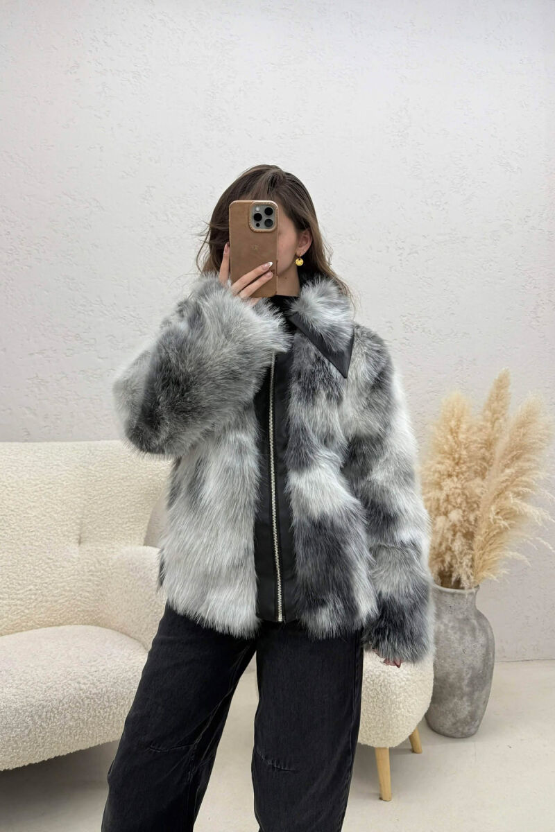 FAUX FUR ZIPPER WOMEN COAT LIGHT GREY/GZ - 2