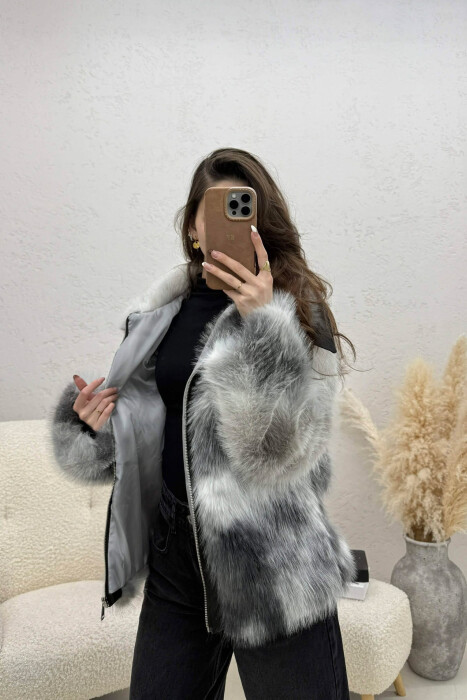 FAUX FUR ZIPPER WOMEN COAT LIGHT GREY/GZ - 5
