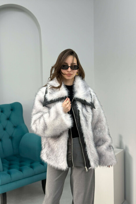 FAUX FUR ZIPPER WOMEN COAT WHITE-E BARDHE - 4