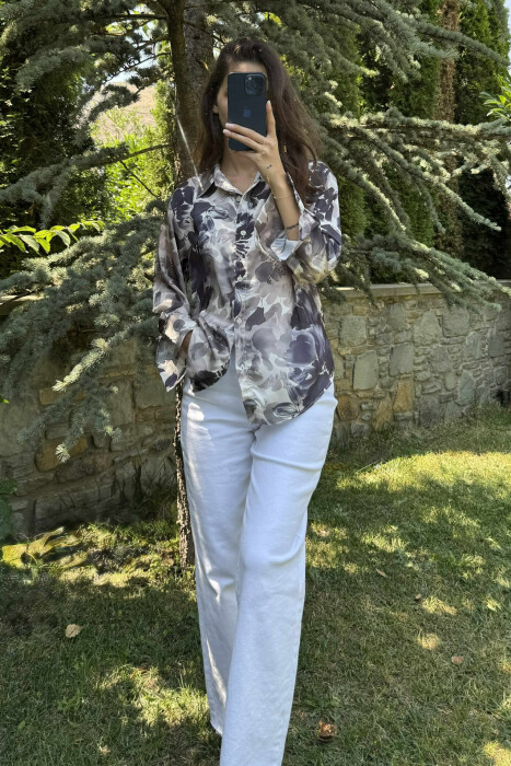 FLORAL DESIGN LONG SLEEVE WOMEN SHIRT GREY/GRI - 3
