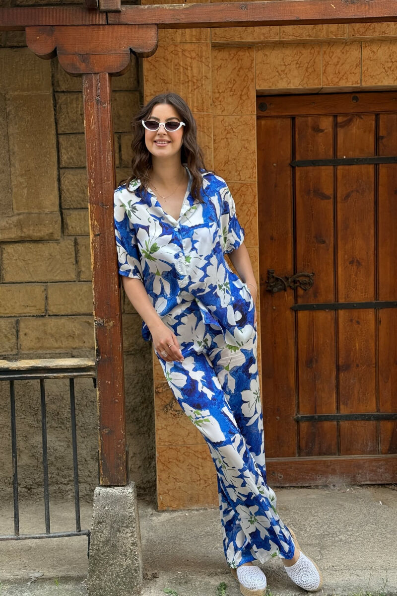 FLORAL DESIGN SHIRT+TROUSERS WOMEN SET WHITE-BLUE/BABL - 1
