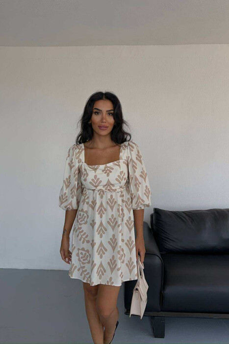FLORAL DESIGN SHORT WOMEN DRESS BROWN/KAFE - 2