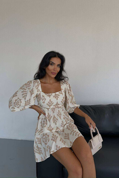 FLORAL DESIGN SHORT WOMEN DRESS BROWN/KAFE - 3