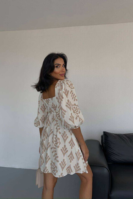 FLORAL DESIGN SHORT WOMEN DRESS BROWN/KAFE - 4