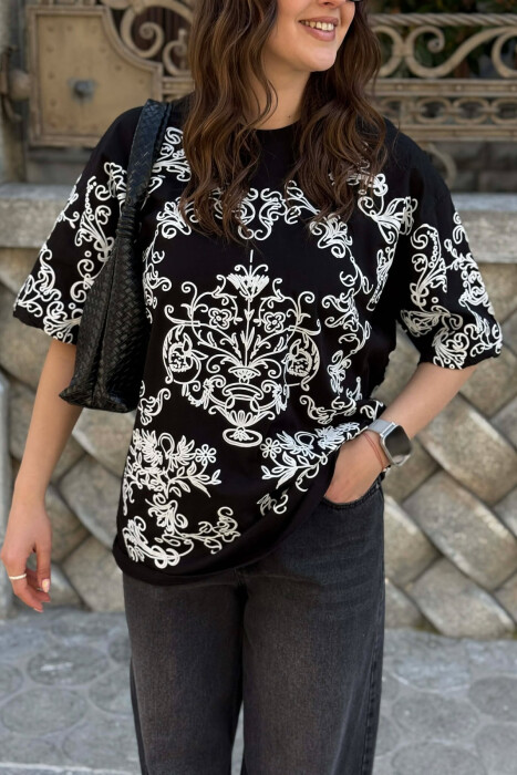 FLORAL DESIGN WOMEN T-SHIRT + 6 PAIR SOCKS BLACK-WHITE/ZB - 2
