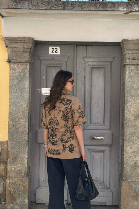 FLORAL DESIGN WOMEN T-SHIRT + 6 PAIR SOCKS LIGHT BROWN/KAZB - 3