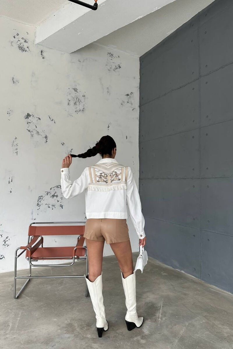 FLORAL EMBROIDERY BACK DESIGN SIMPLE WOMEN JACKET WHITE-E BARDHE - 6